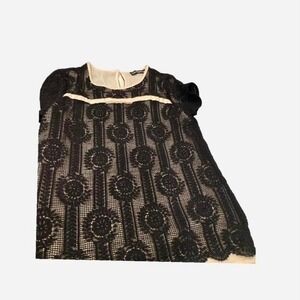 Karl Lagerfeld Paris Black Lace Sheath Dress Ivory Trim Bow Detail‎